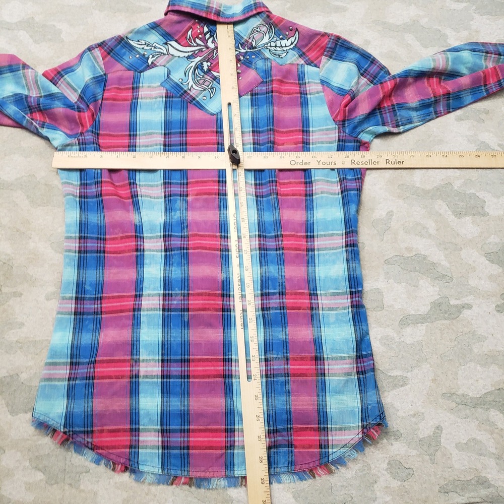 Rock 47 by Wrangler Top Womens Medium Blue Pearl Snap Long Sleeve Plaid Cowgirl - Picture 8 of 11